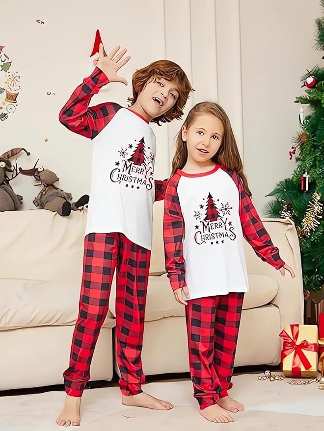 Family Christmas Matching Pajama Set – Merry Christmas Tree Print Red Plaid Holiday Sleepwear
