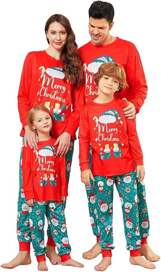 Family Christmas Matching Pajama Set – Merry Christmas Tree Print Red Plaid Holiday Sleepwear