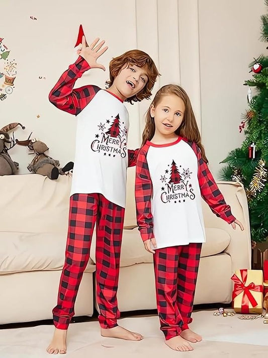 Family Christmas Matching Pajama Set – Merry Christmas Tree Print Red Plaid Holiday Sleepwear