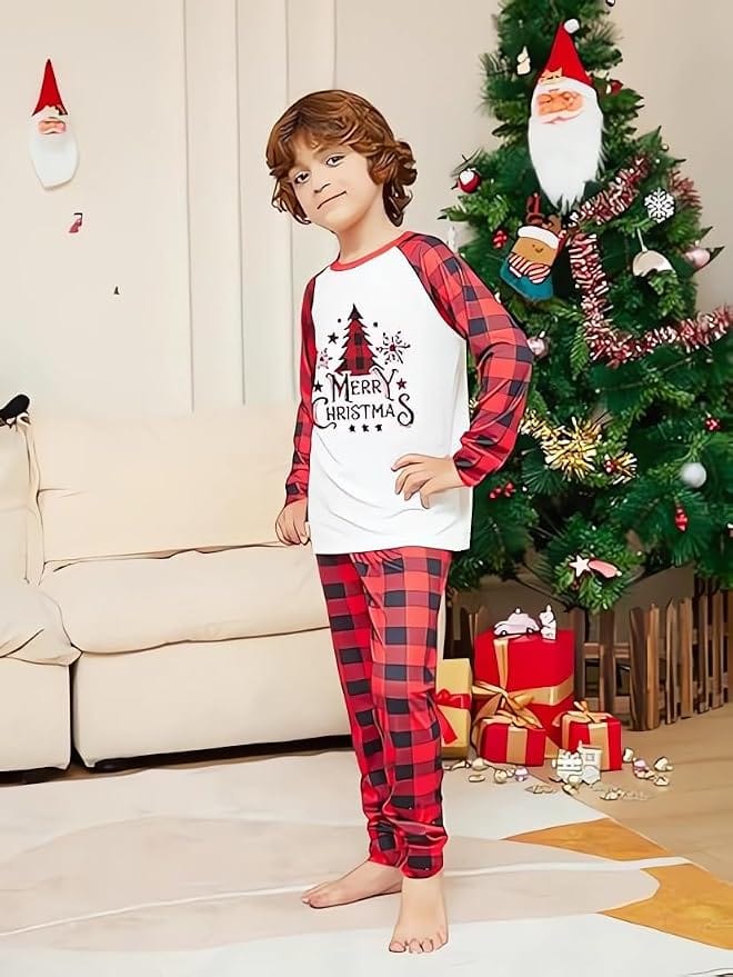 Family Christmas Matching Pajama Set – Merry Christmas Tree Print Red Plaid Holiday Sleepwear