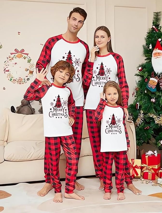 Family Christmas Matching Pajama Set – Merry Christmas Tree Print Red Plaid Holiday Sleepwear
