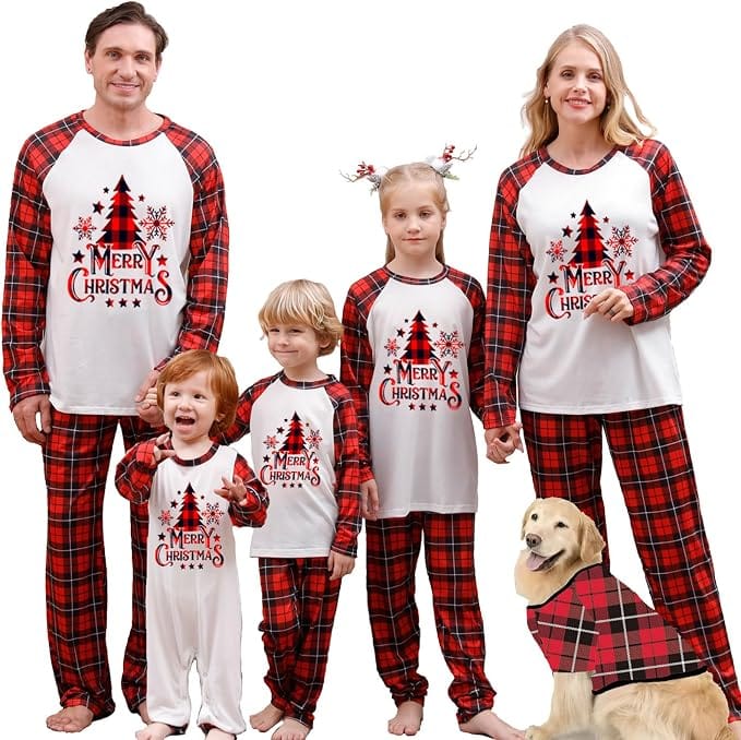 Family Christmas Matching Pajama Set – Merry Christmas Tree Print Red Plaid Holiday Sleepwear